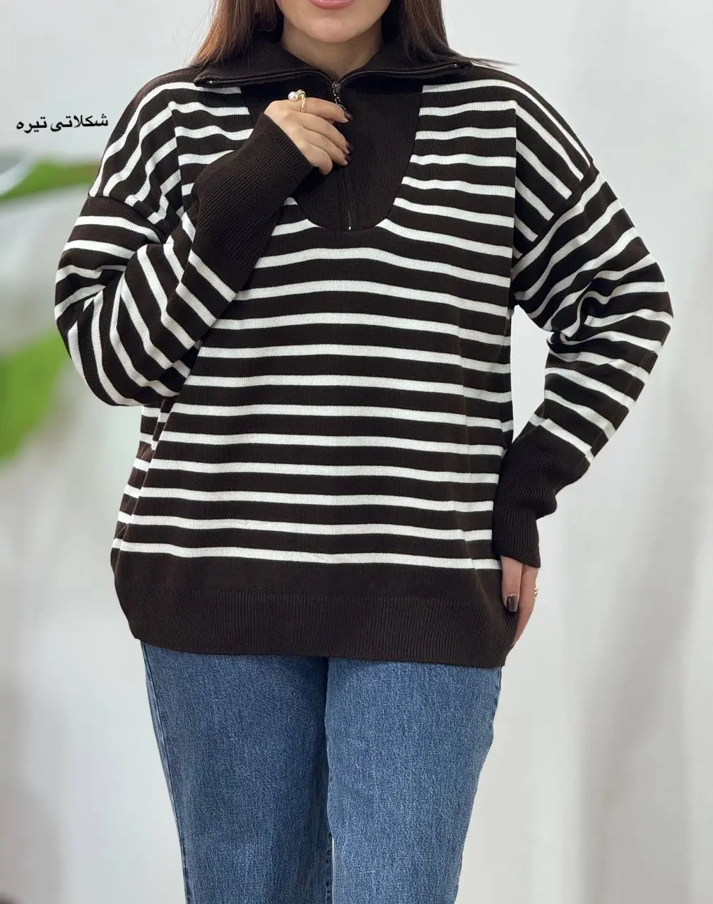 پلیور بافت ترک یقه زیپ راه راه